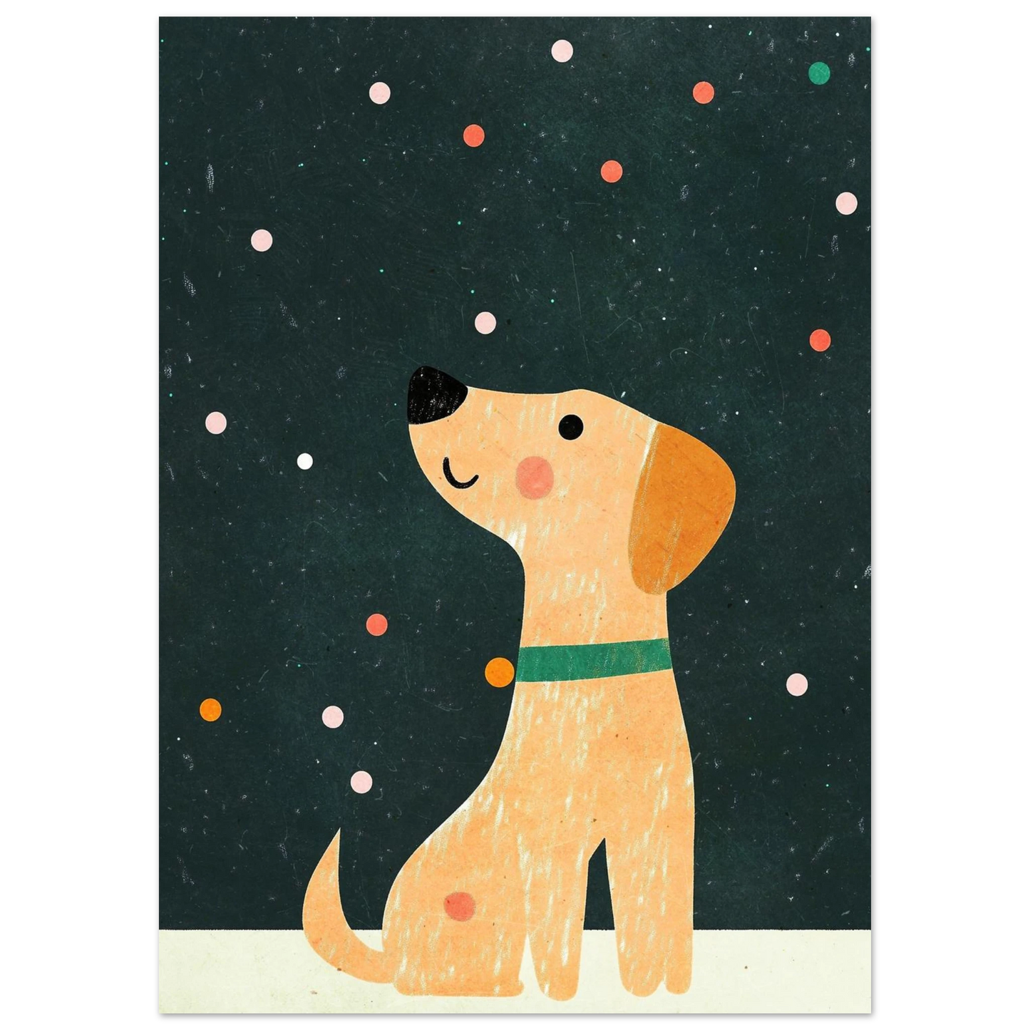 Närbild på illustrerad hund med grönt halsband och rosa kinder
