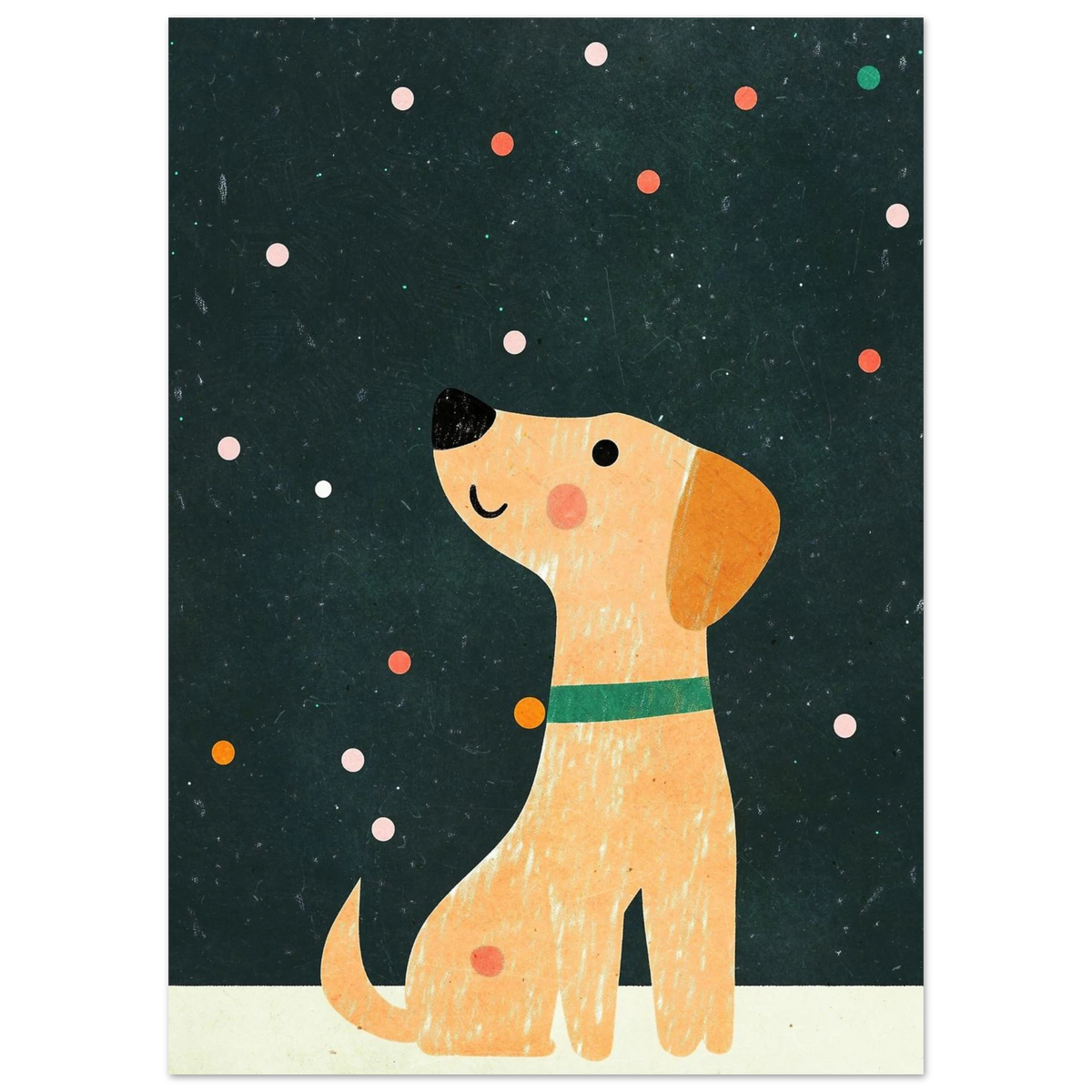 Närbild på illustrerad hund med grönt halsband och rosa kinder