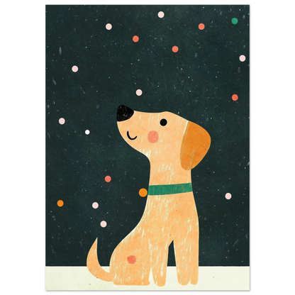 Närbild på illustrerad hund med grönt halsband och rosa kinder