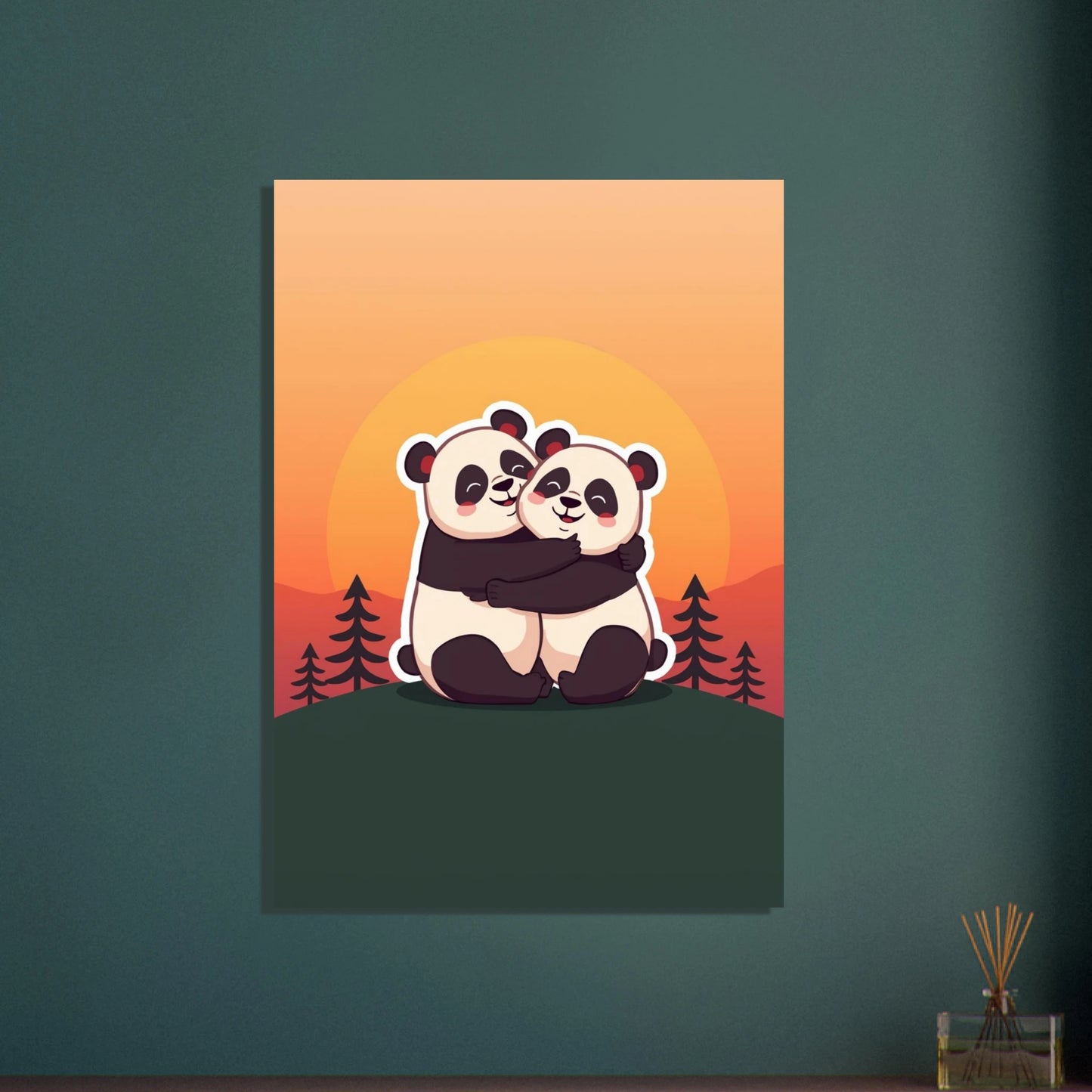 Två kramande pandor i solnedgång, tecknad illustration av vänskap och kärlek.