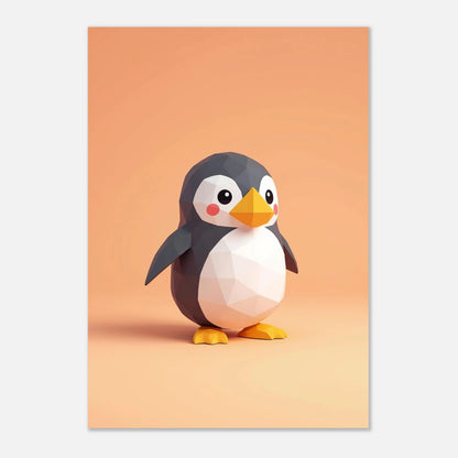 Minimalistisk djurposter med en pingvin i 3D-grafik på persikofärgad bakgrund