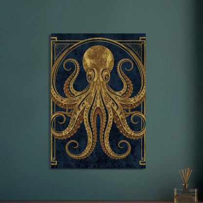 Gyllene bläckfisk i Art Deco-stil mot mörkblå bakgrund, elegant och mystisk.