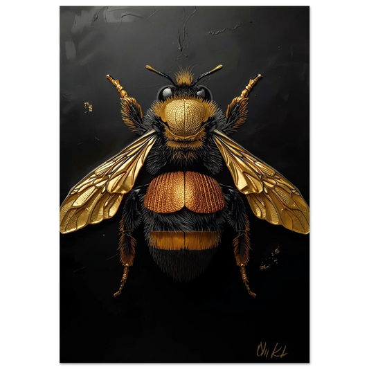 Gyllene humla med vingar i guldrelief mot svart bakgrund