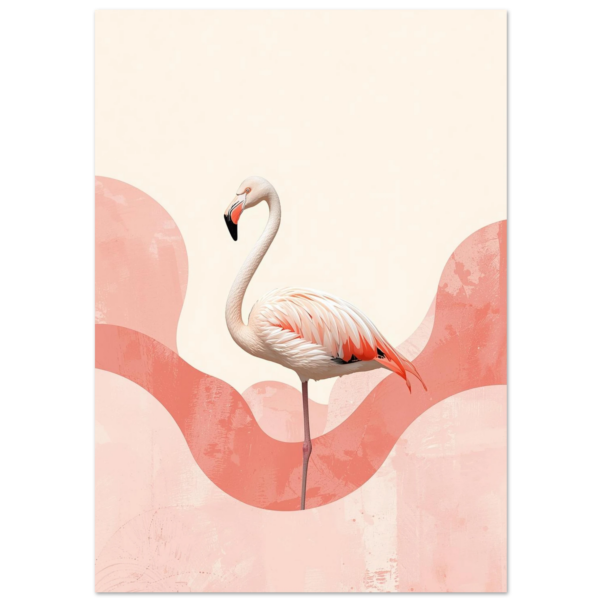 Minimalistisk illustration av en flamingo omgiven av mjuka korallfärgade former