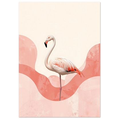 Minimalistisk illustration av en flamingo omgiven av mjuka korallfärgade former