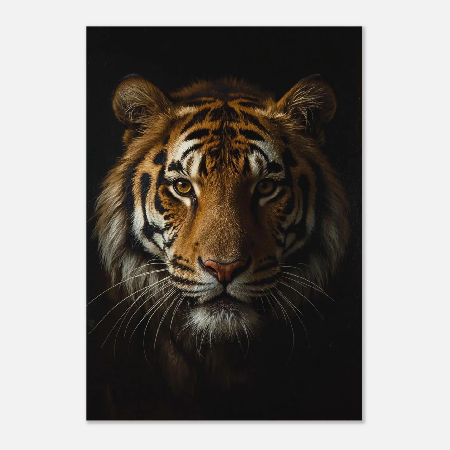 Ståtlig tiger i fotorealistisk oljestil som framhäver djurets vilda och vackra drag