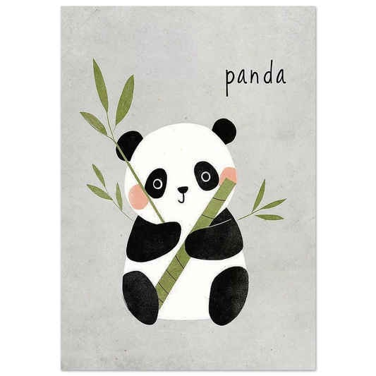 Söt panda med bambu i mjuk illustration mot ljusgrå bakgrund