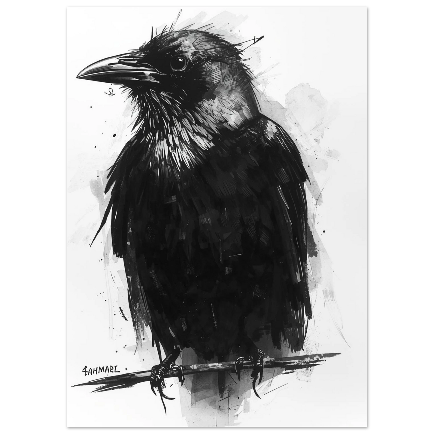 Expressiv illustration av en mörk korp med taktila fjäderdetaljer