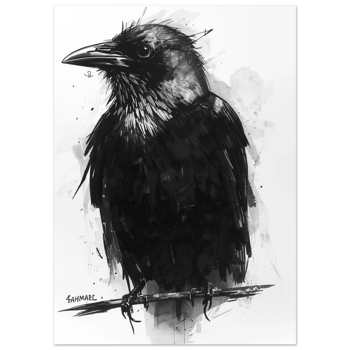 Expressiv illustration av en mörk korp med taktila fjäderdetaljer