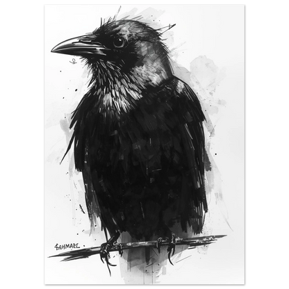 Expressiv illustration av en mörk korp med taktila fjäderdetaljer