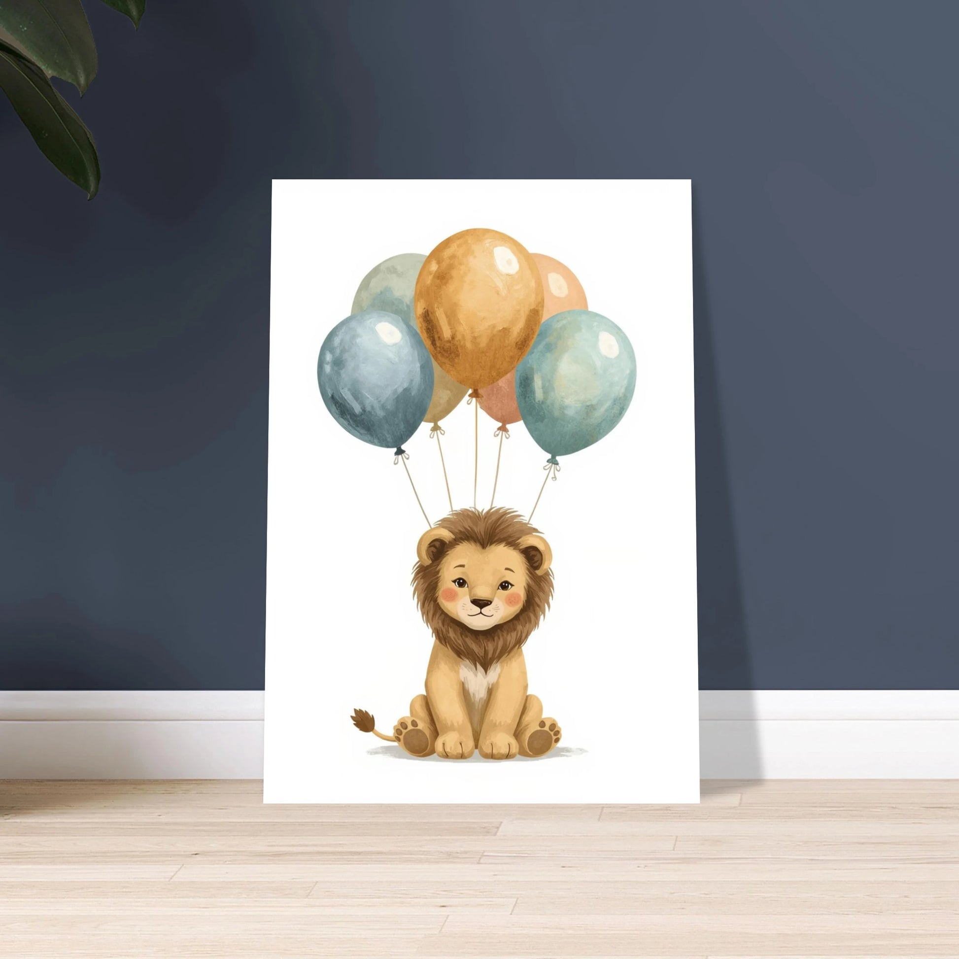 Söt lejonunge med ballonger, lekfullt och drömskt barnmotiv.
