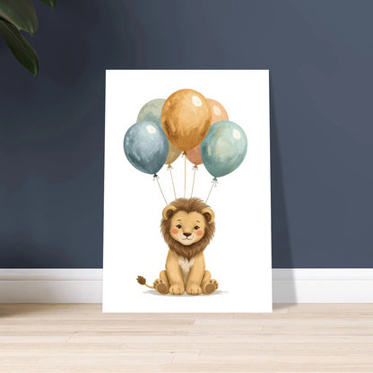 Söt lejonunge med ballonger, lekfullt och drömskt barnmotiv.