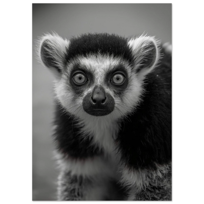 Stilren fotokonst av en lemur med detaljerad päls i gråskala