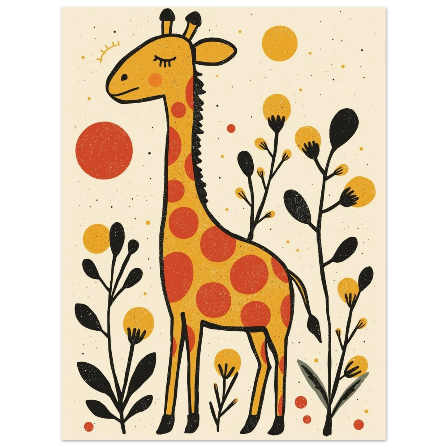 Konstnärlig djurposter föreställande en drömsk giraff i folk art-stil
