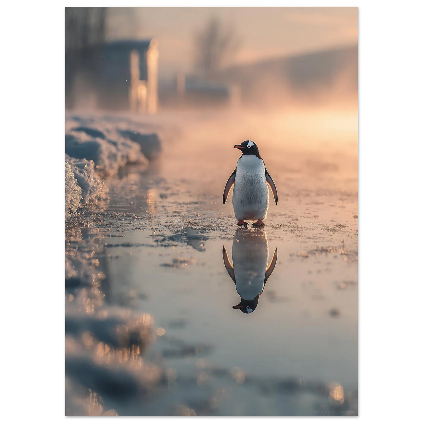 Pingvin i mjukt morgonljus omgiven av snö och is – Fotorealistisk poster