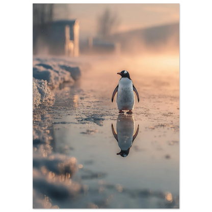 Pingvin i mjukt morgonljus omgiven av snö och is – Fotorealistisk poster