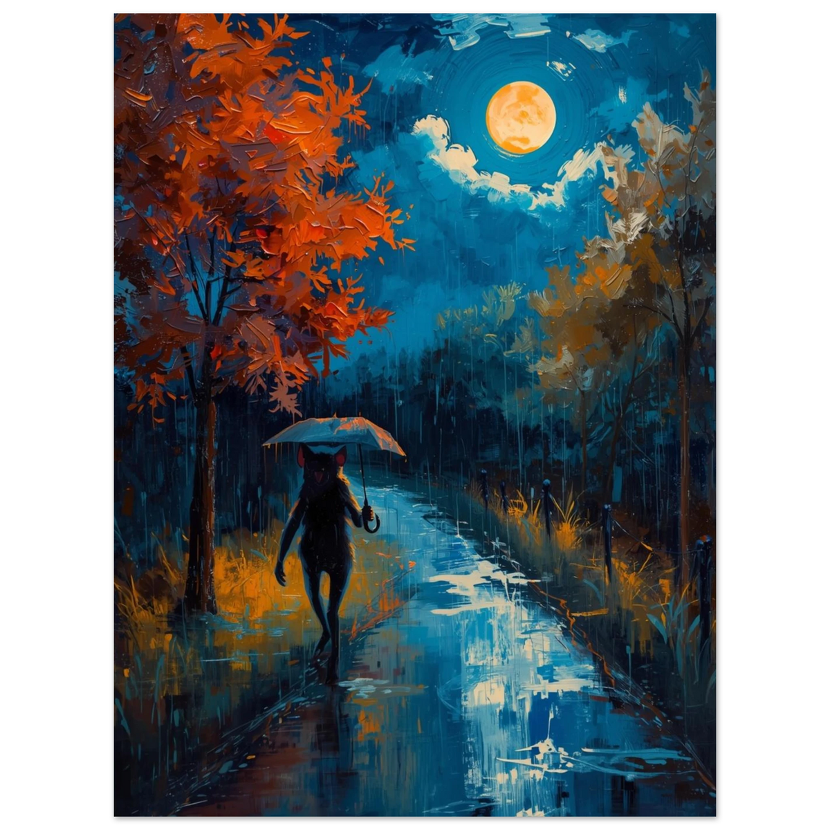 Dramatisk djurposter med fladdermus, orange höstträd och reflekterande regn