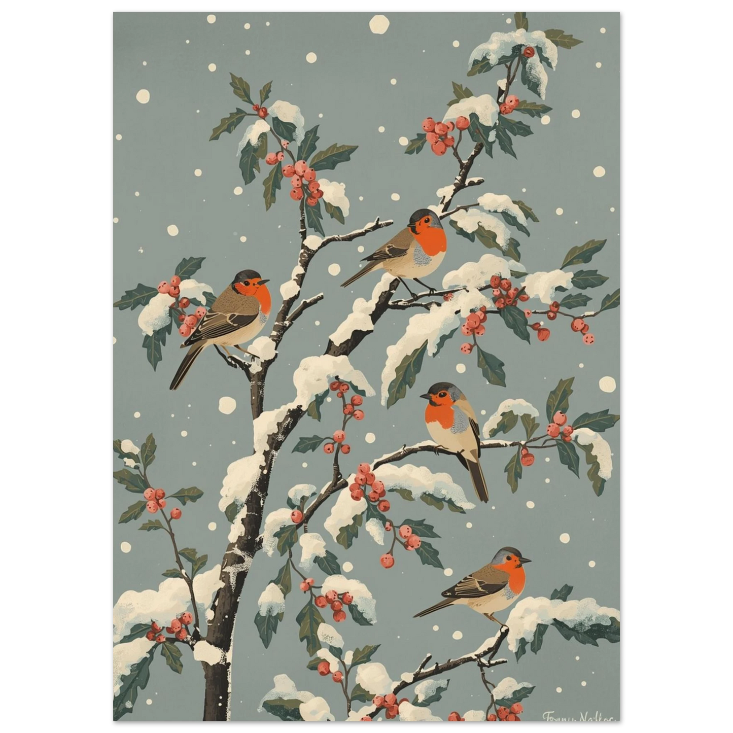 Fyra små fåglar i vintrigt landskap, klassiskt djurmotiv med fallande snöflingor