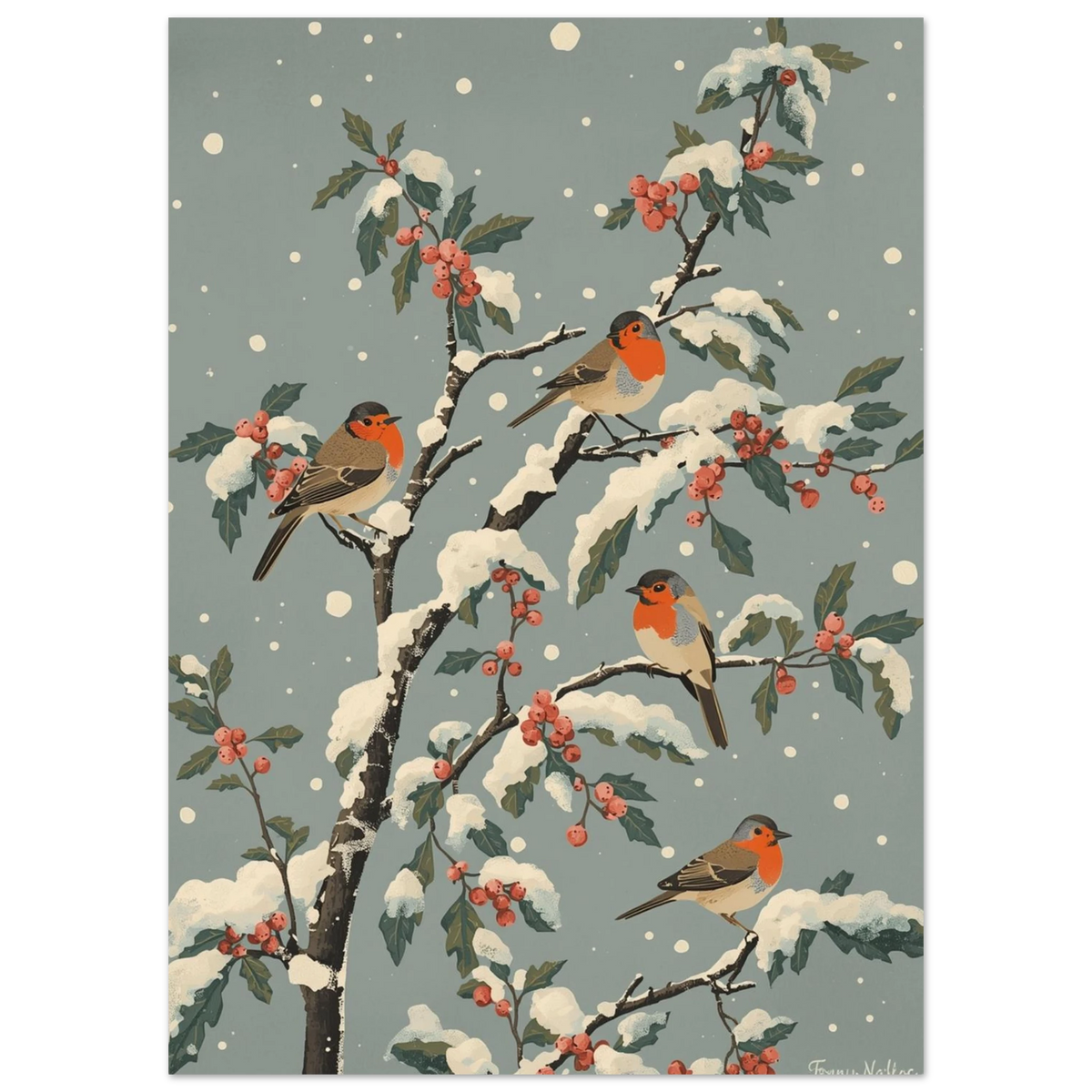 Fyra små fåglar i vintrigt landskap, klassiskt djurmotiv med fallande snöflingor