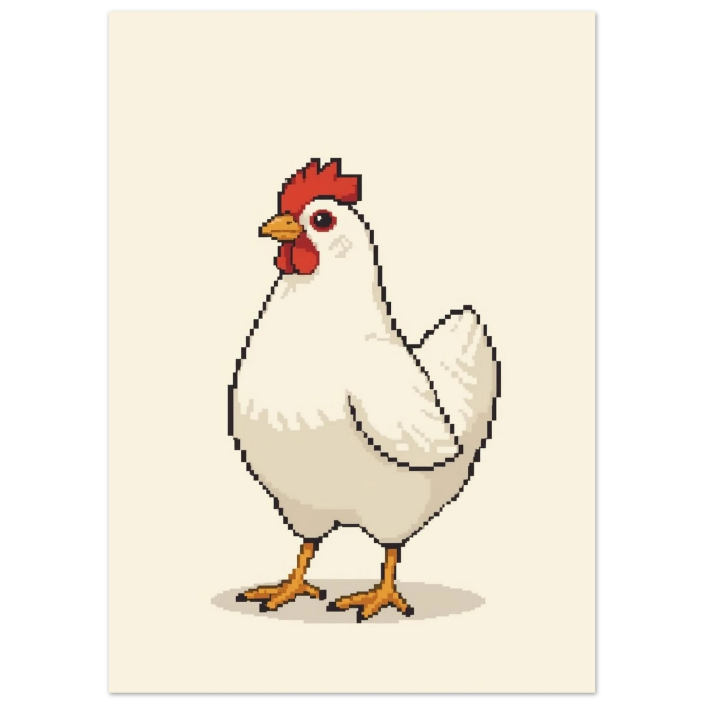 Pixelgrafik av en stolt vit höna, minimalistiskt djurmotiv för vägg
