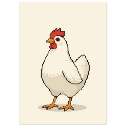 Pixelgrafik av en stolt vit höna, minimalistiskt djurmotiv för vägg
