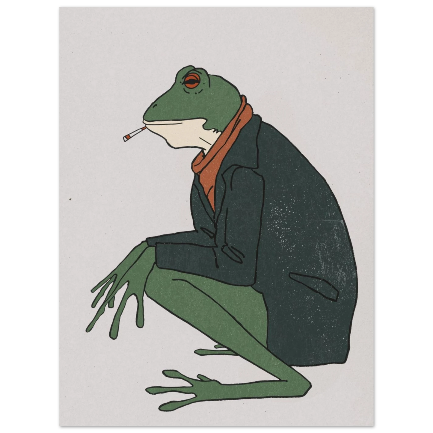 Illustration av groda i mörkgrön kavaj med rökande cigarett i munnen