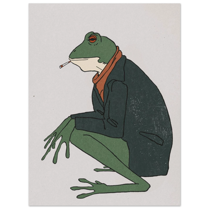 Illustration av groda i mörkgrön kavaj med rökande cigarett i munnen