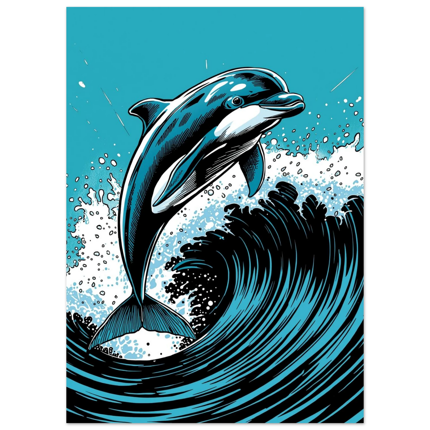 Illustration av en delfin i ett kraftfullt vågsvall – maritimt motiv