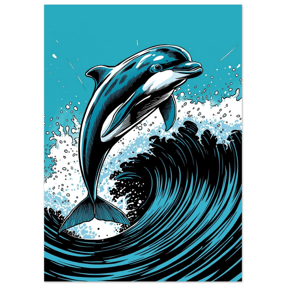 Illustration av en delfin i ett kraftfullt vågsvall – maritimt motiv