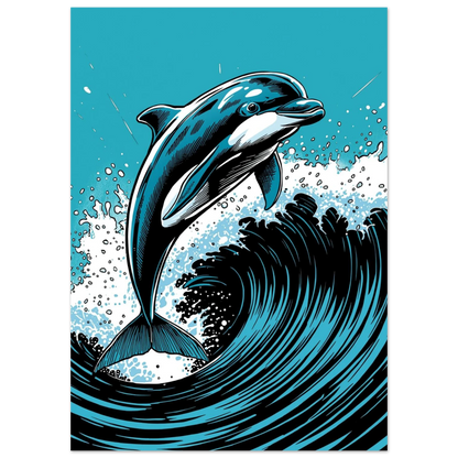 Illustration av en delfin i ett kraftfullt vågsvall – maritimt motiv
