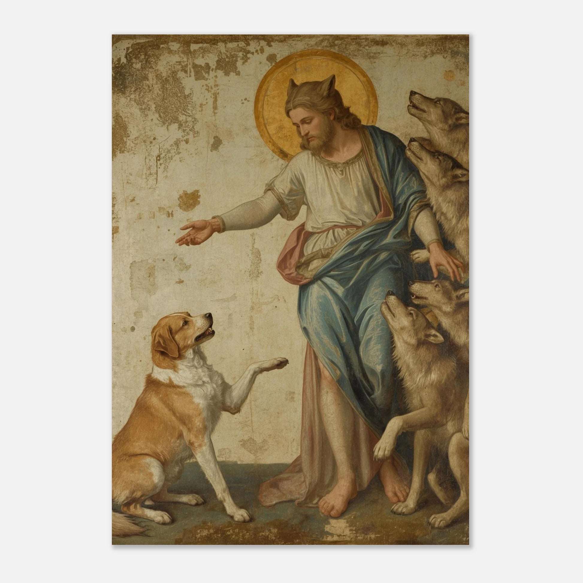 Konstnärligt print av en helgonfigur omgiven av vargar och hund