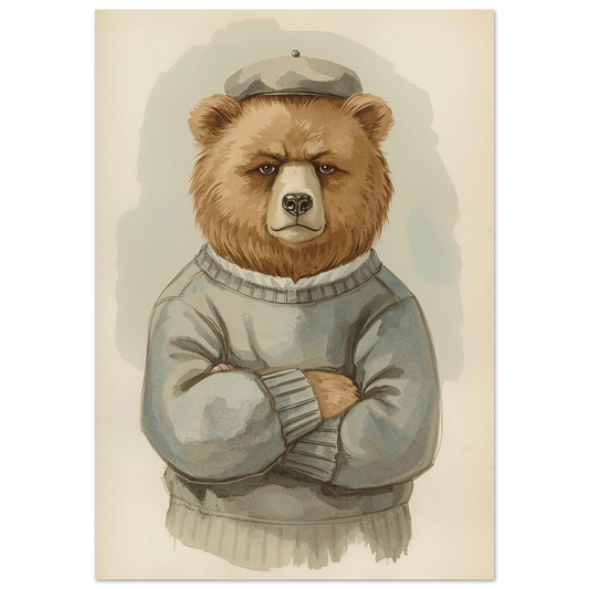 Björn i grå tröja och basker framifrån med armarna i kors – Målad poster