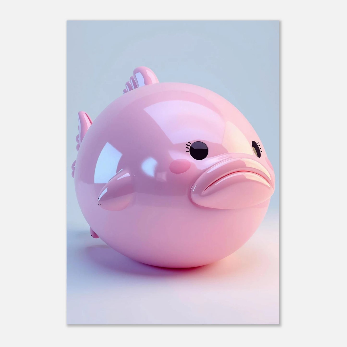 Modern väggkonst med en glänsande rosa blobfisk mot ljus bakgrund