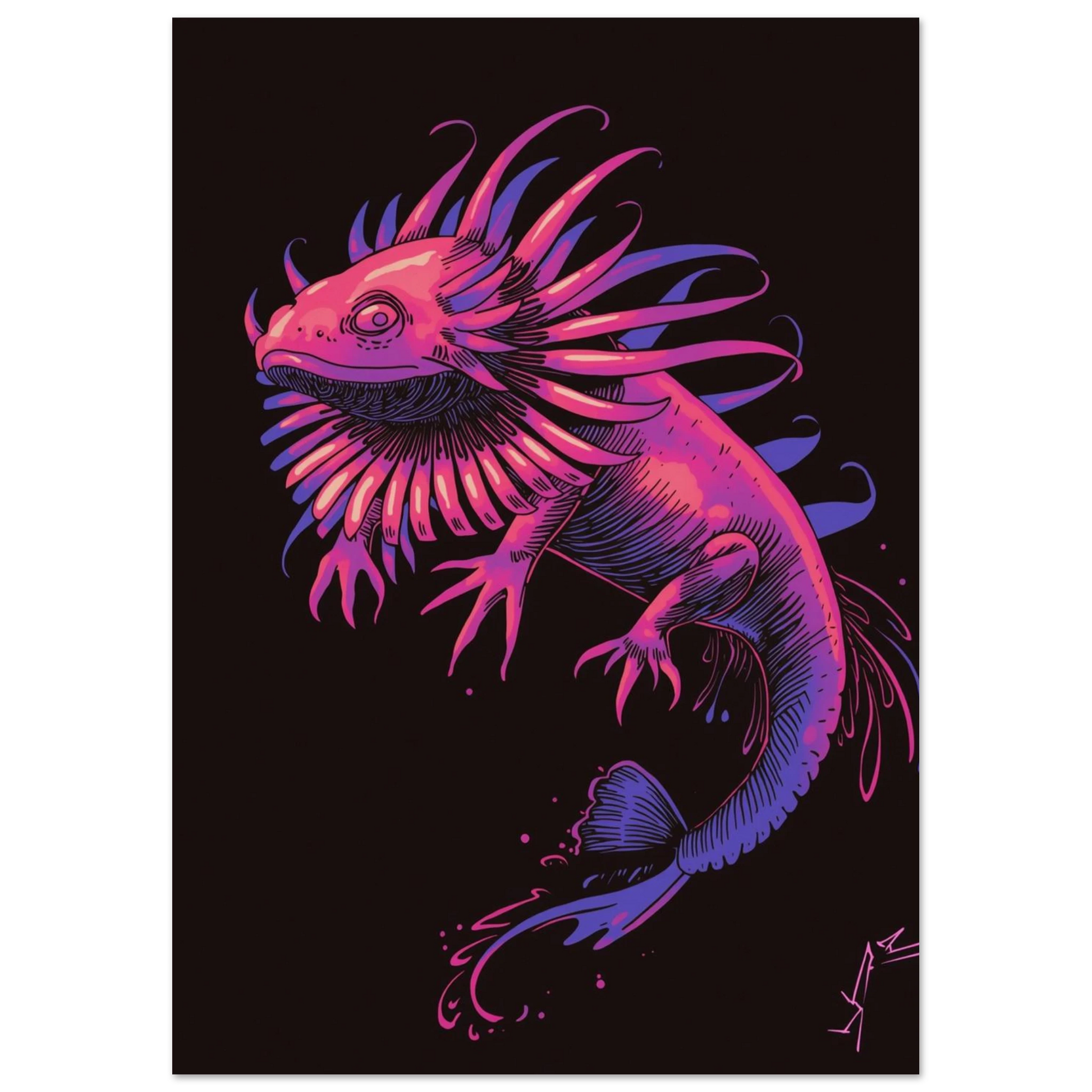Grafisk djurposter av en axolotl i lysande neonfärger och svart