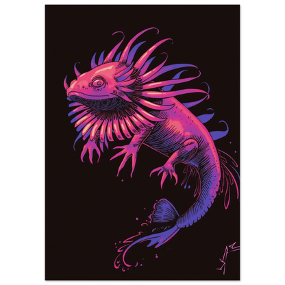 Grafisk djurposter av en axolotl i lysande neonfärger och svart