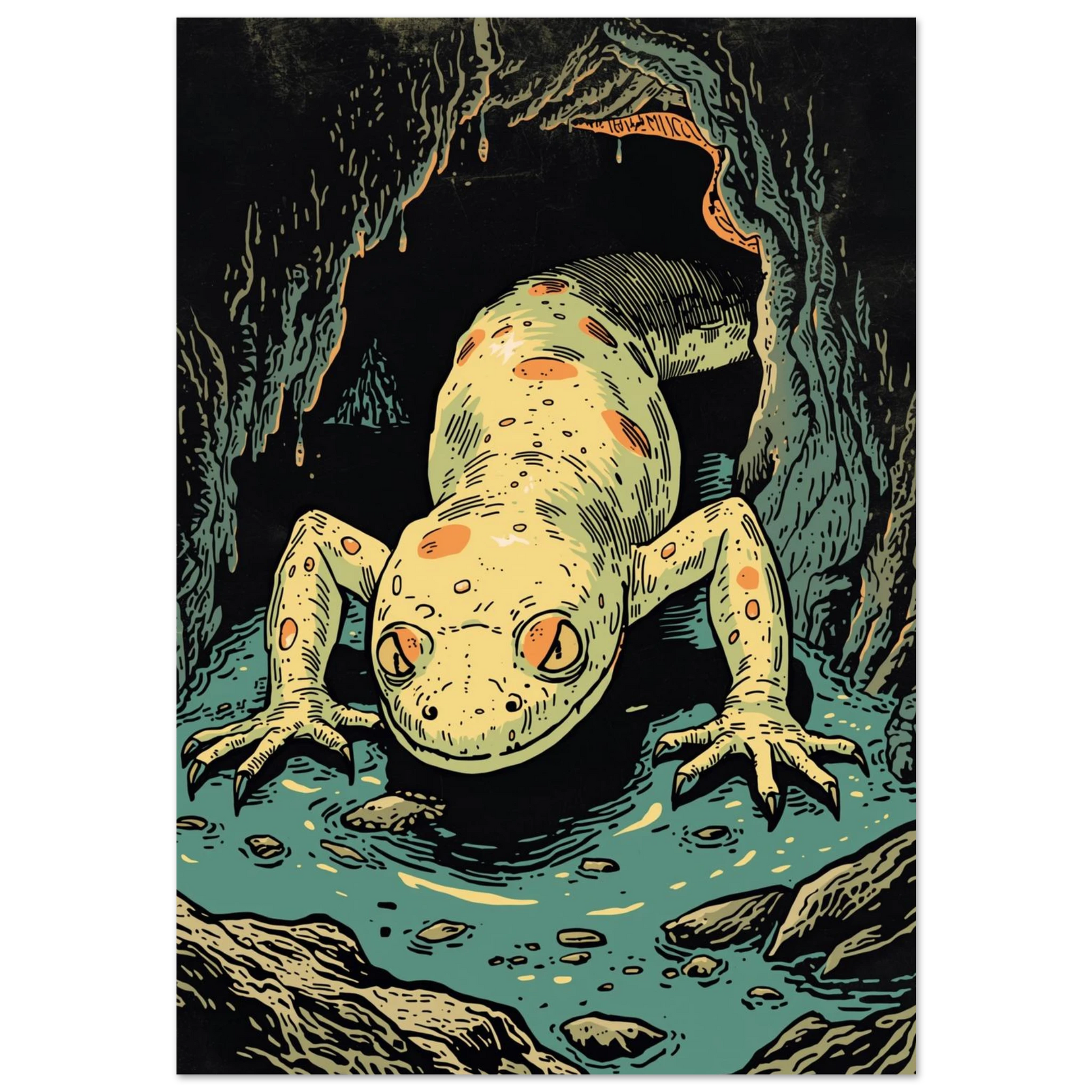 Illustration av en blek grottsalamander i en mörk grotta med turkost vatten