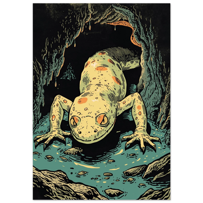 Illustration av en blek grottsalamander i en mörk grotta med turkost vatten