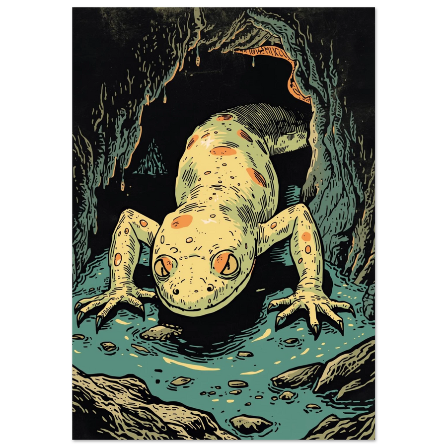 Illustration av en blek grottsalamander i en mörk grotta med turkost vatten