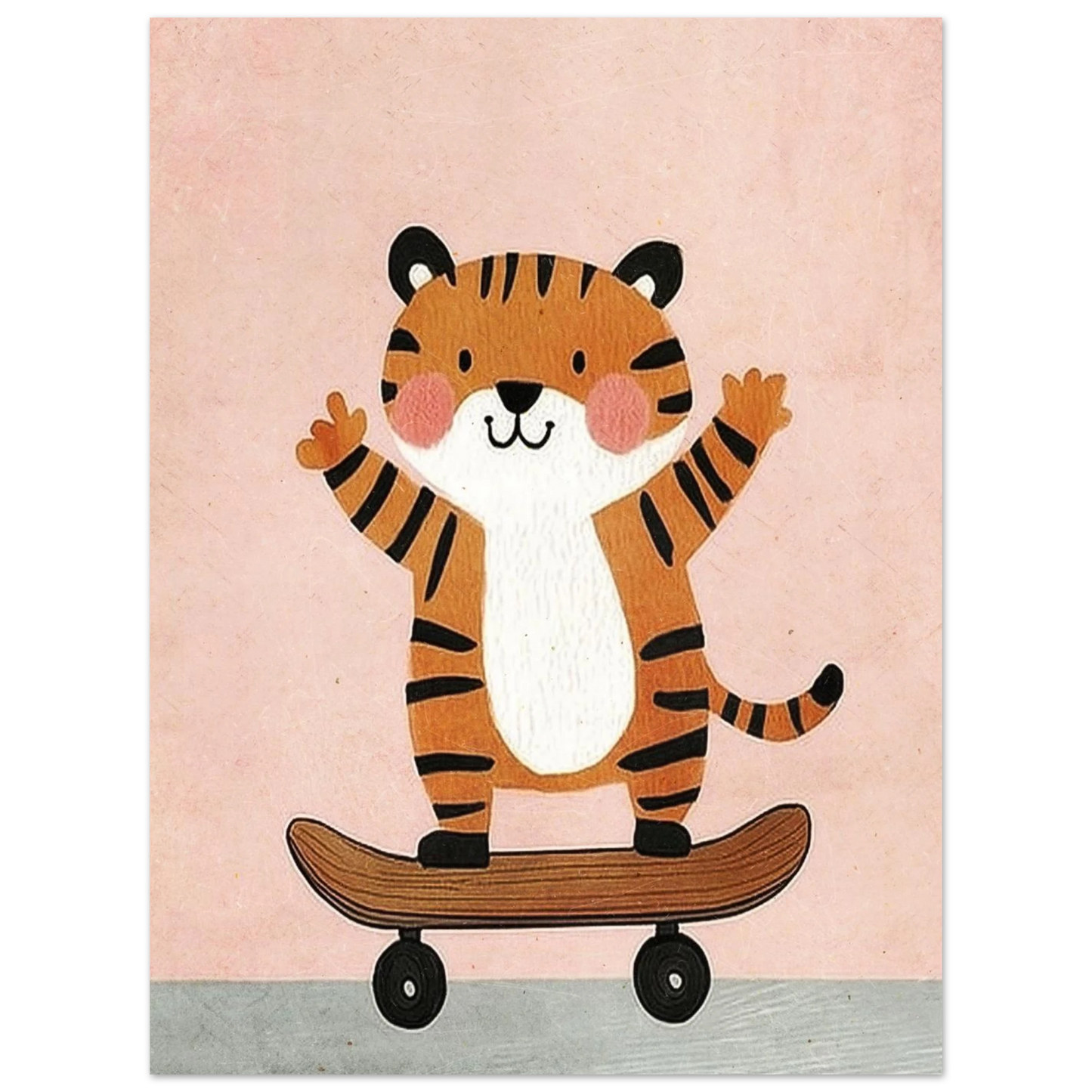 Lekfull djurillustration av en vinkande tiger på skateboard i pastell