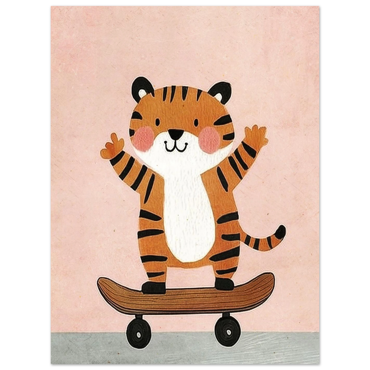 Lekfull djurillustration av en vinkande tiger på skateboard i pastell