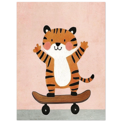 Lekfull djurillustration av en vinkande tiger på skateboard i pastell