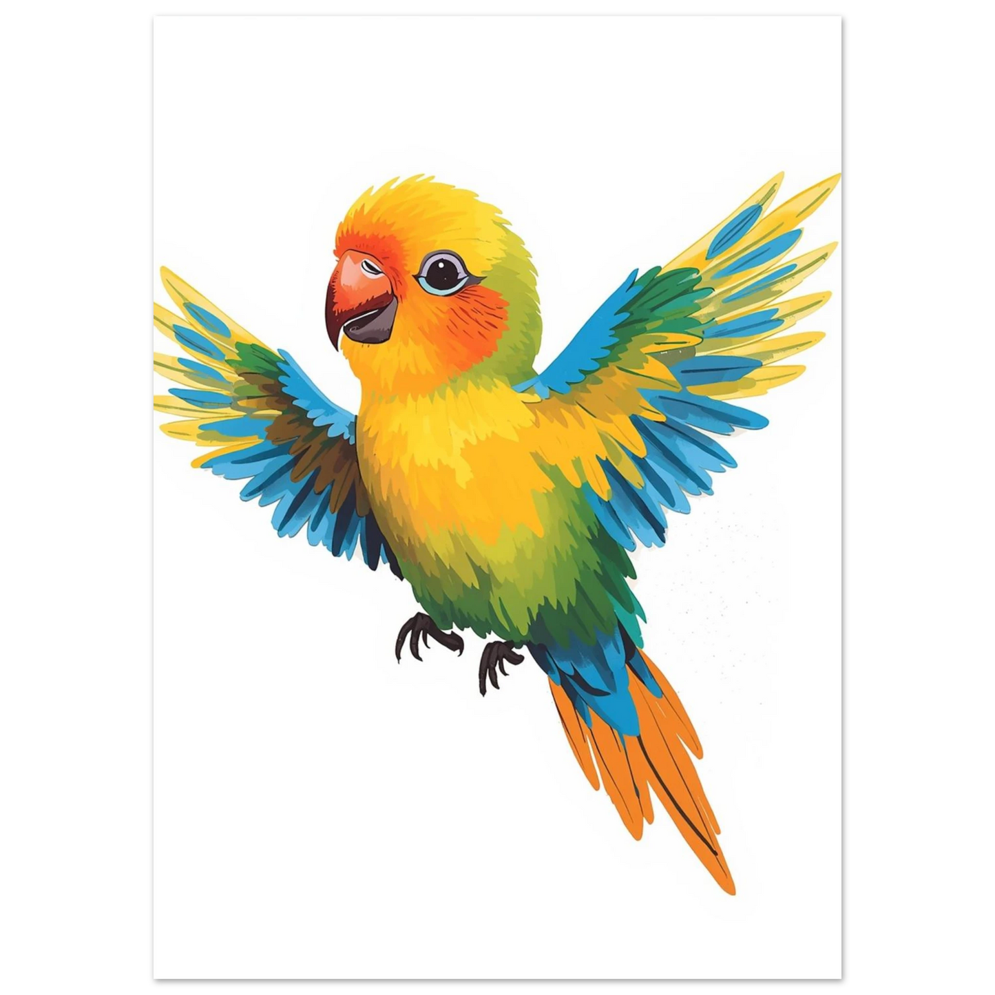 Färgglad dvärgpapegoja med utsträckta vingar i lekfull digital illustration