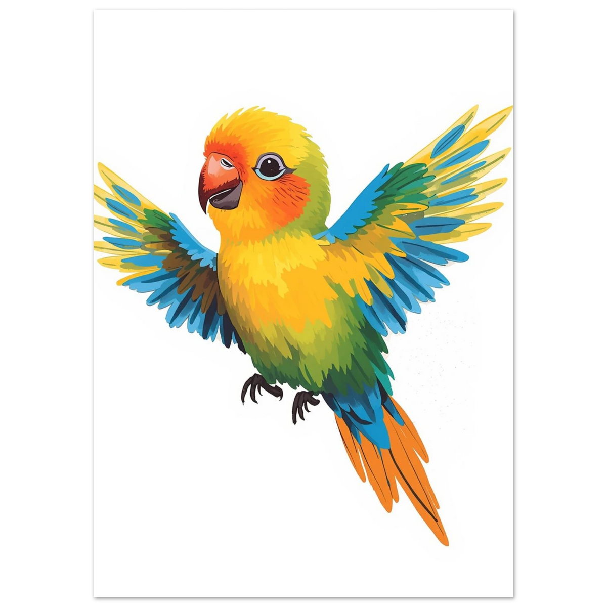 Färgglad dvärgpapegoja med utsträckta vingar i lekfull digital illustration