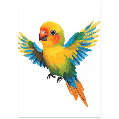 Färgglad dvärgpapegoja med utsträckta vingar i lekfull digital illustration