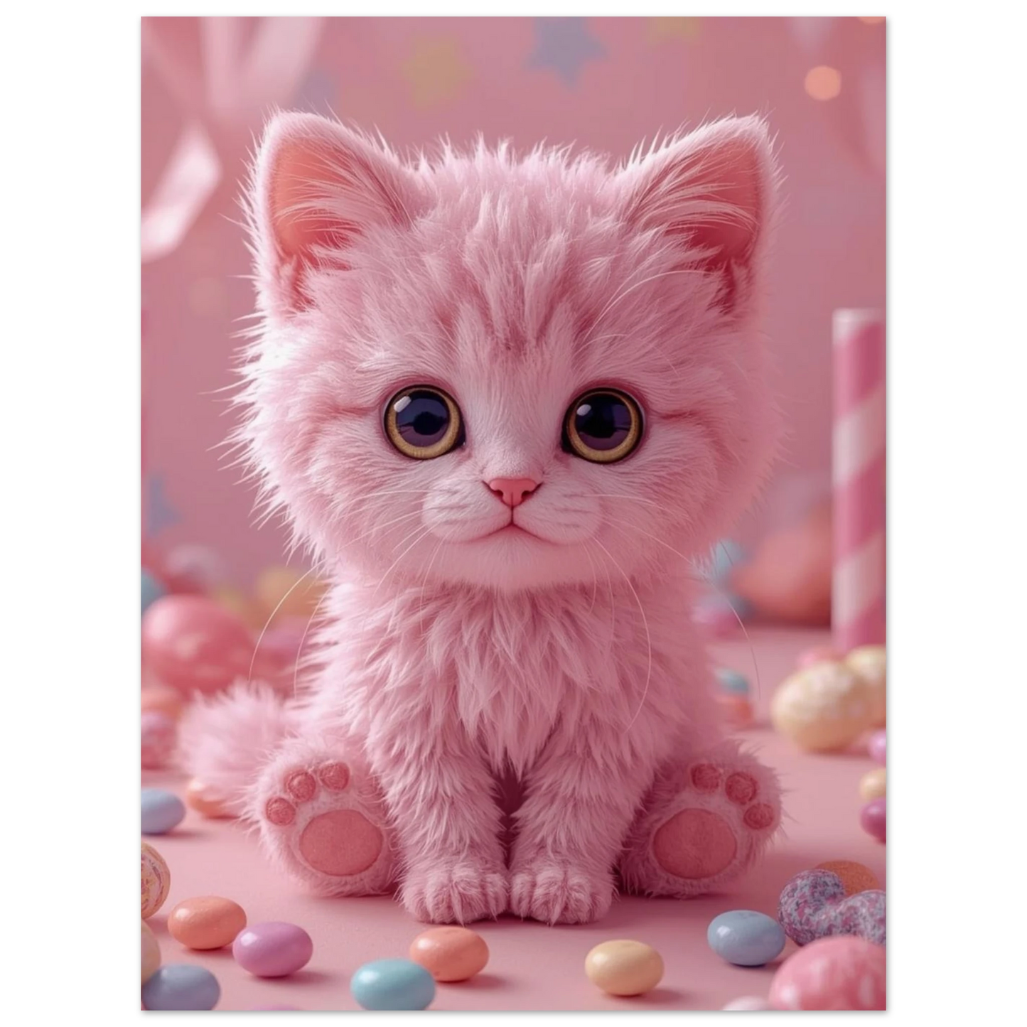 Lekfull djurposter föreställande en rosa kattunge omgiven av sötsaker och stjärnor