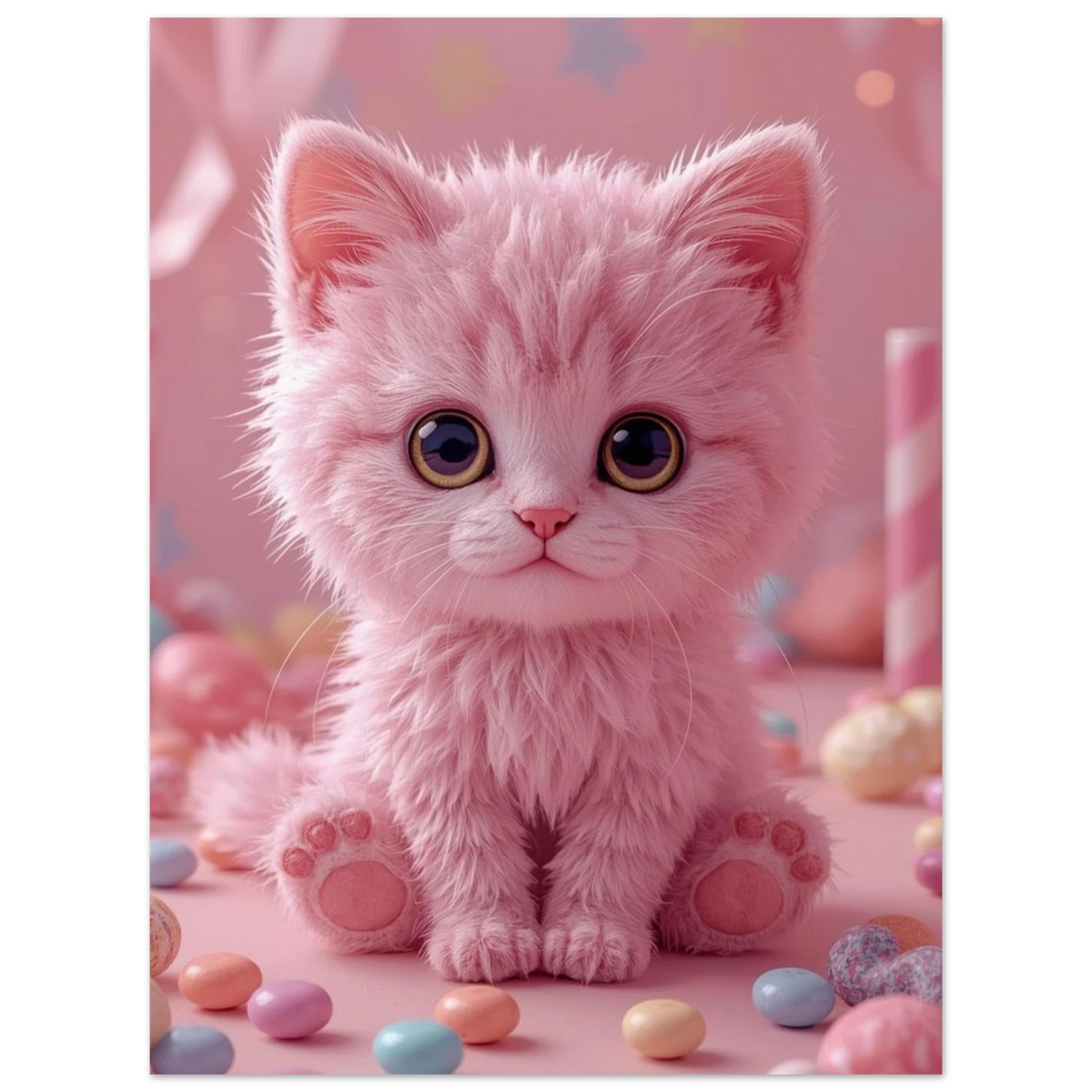 Lekfull djurposter föreställande en rosa kattunge omgiven av sötsaker och stjärnor