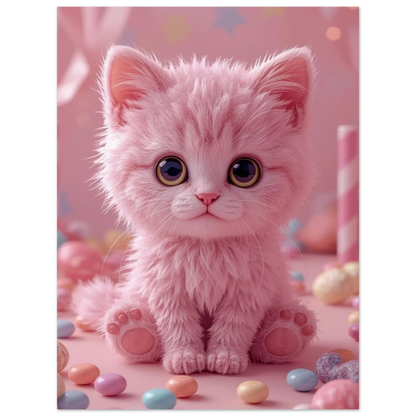 Lekfull djurposter föreställande en rosa kattunge omgiven av sötsaker och stjärnor