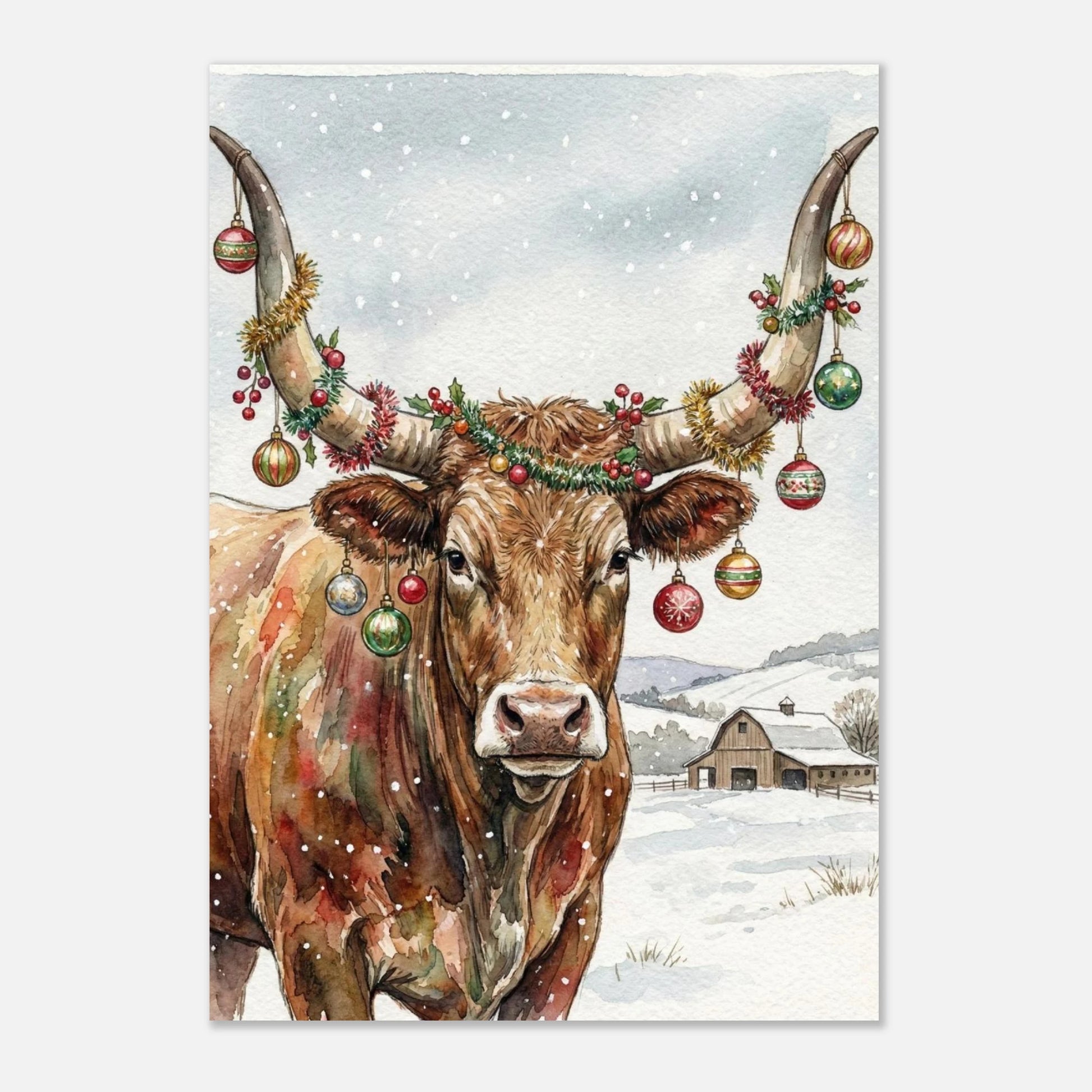 Illustration av en ko med festliga horn i ett snötäckt bondgårdslandskap