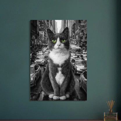 Poster med svartvit katt med gröna ögon i stadsmotiv, monterad på enfärgad vägg – Fotorealistisk poster