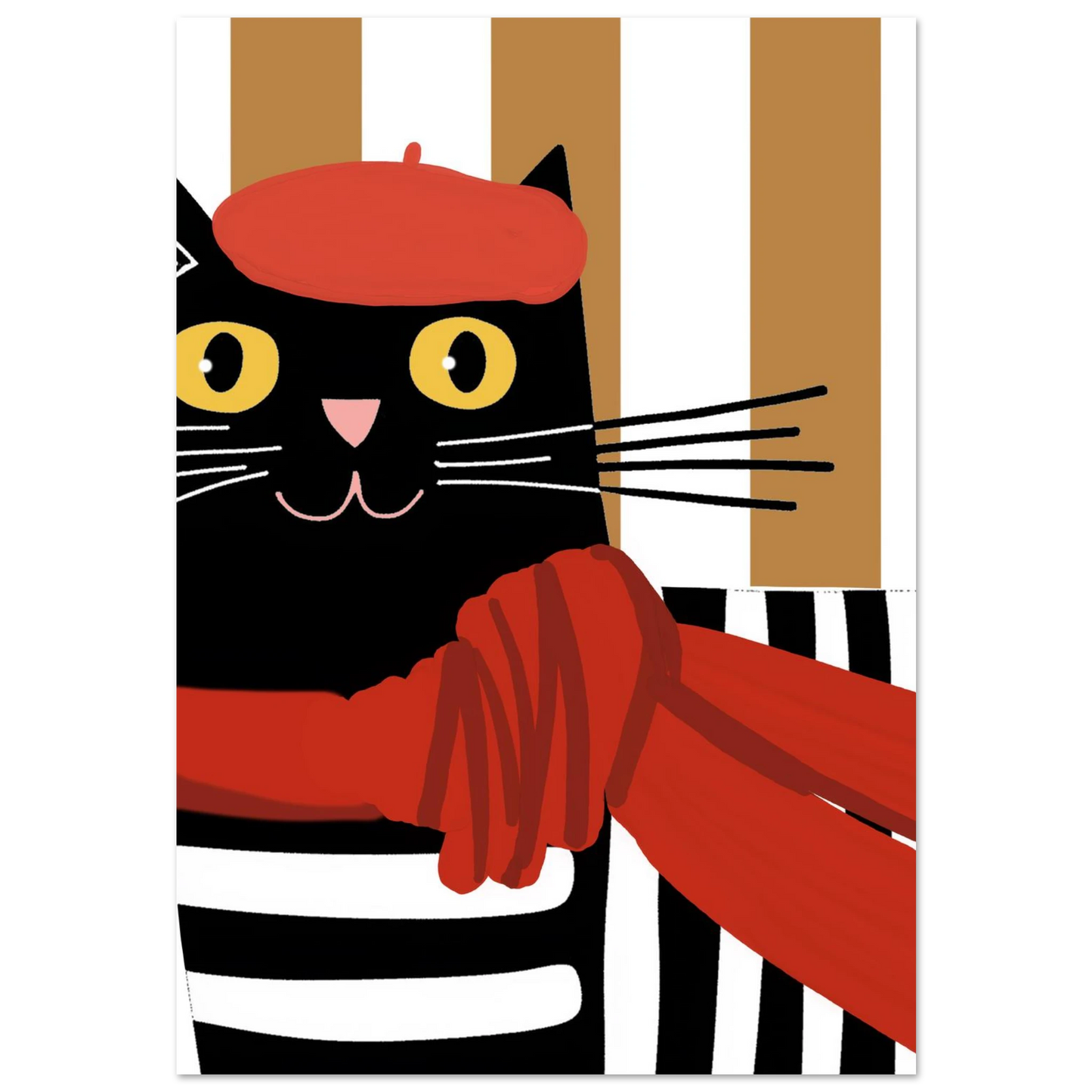 Svart katt med röd basker och röd halsduk, grafisk illustration